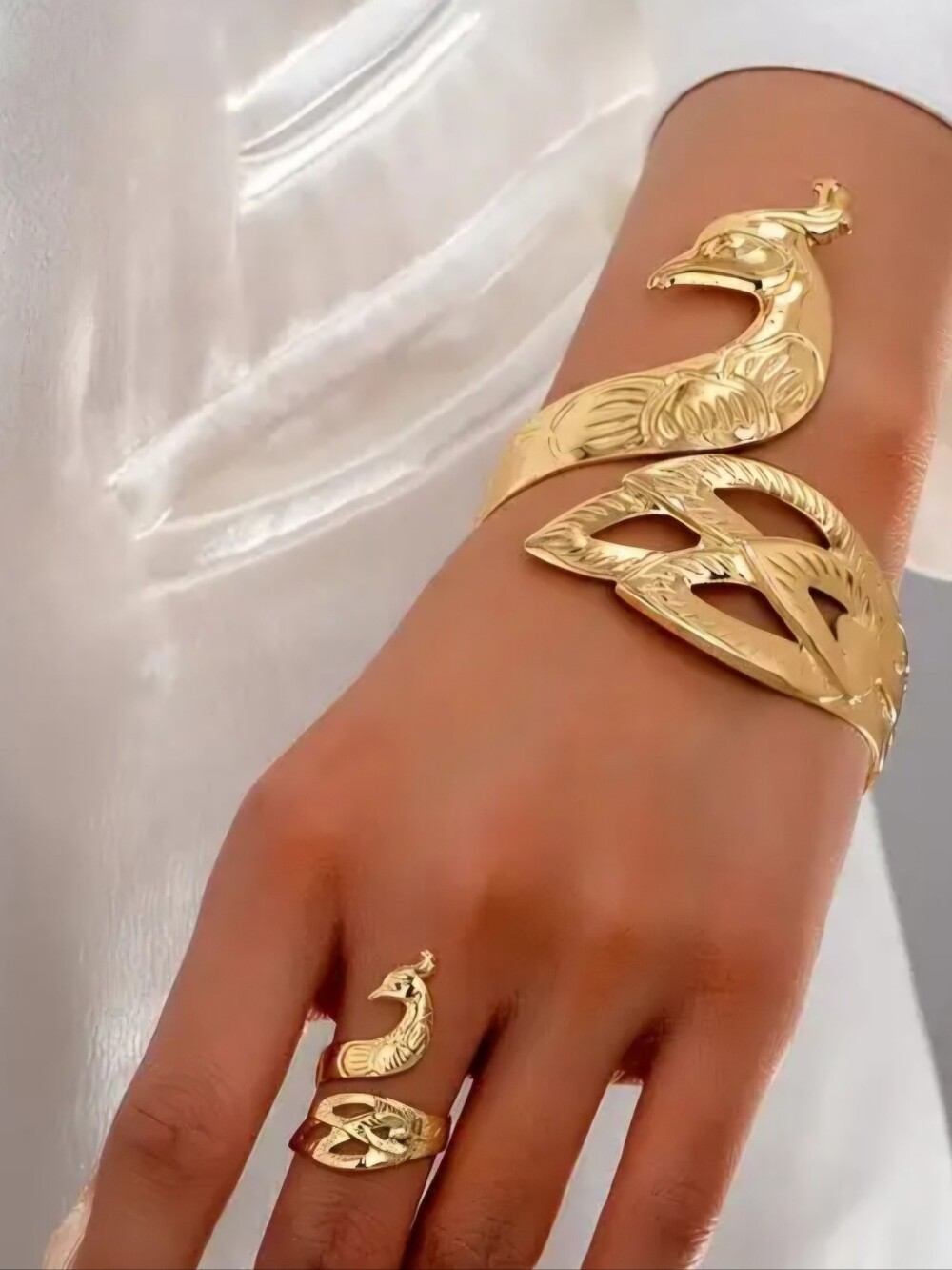 PEACOCK LOVERS GOLD VERMEIL FILAGREE CUFF BRACELET &MATCHING RING JEWELRY SET